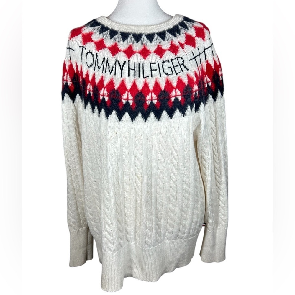 Womens Tommy Hilfiger Fair Isle Cable Knit Ski Sweater White Red Logo Size Large - Picture 7 of 12
